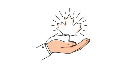Human hand holds a glowing outline of a maple leaf with light rays emitting from it symbolizing Canadian pride and environmental awareness.