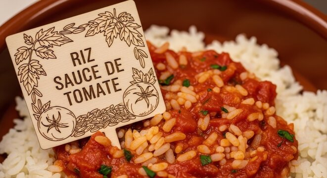 Humble Ivorian Riz Sauce de Tomate Rice with Tomato Sauce and Hand-Carved Iroko Wood Sign featuring Tomato and Rice Motifs