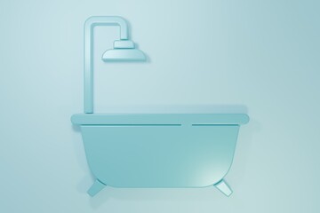 Blue Bathtub with shower icon isolated on blue background. Minimalism concept. 3D render illustration