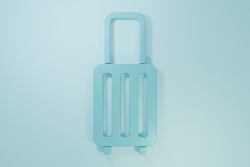 Obraz premium Blue Suitcase for travel icon isolated on blue background. Traveling baggage sign. Travel luggage icon. Minimalism concept. 3D render illustration