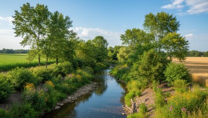 View of riparian buffer zones with dense tree and shrub plantings alongside a stream to prevent erosion and protect water quality in farmland.