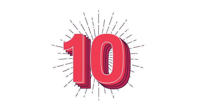 Number ten in a vibrant red stacked three dimensional font with radiating light rays for celebrations or milestones.