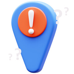3D Illustration of Blue Location Pin with Exclamation Mark. Represents Important Place, Warning, Error, Alert, Problem, Danger or Notification on Map.