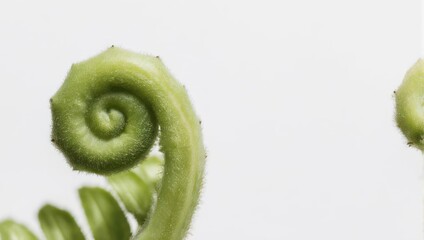 Unfurling fern fronds against a stark white backdrop, showcasing natures spiral.