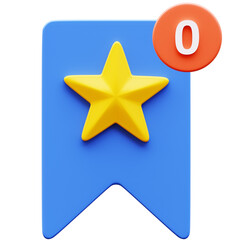 3D Illustration of Bookmark with Star and Notification Bubble. Blue bookmark with yellow star. Orange notification bubble with number zero.