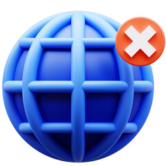 3D Illustration of Error Connection. Globe with an orange cross. Internet connection problem, website error, no network, page not found, offline concept.