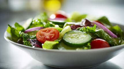 Fresh mixed green salad with sliced tomatoes, cucumbers, and red onions served in a white bowl on a light surface with natural lighting background
