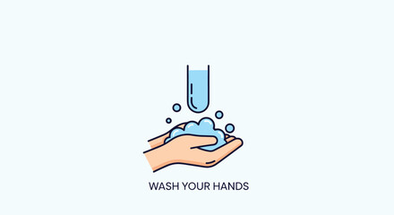 Wash your hands icon showing hands with blue soap bubbles and a water stream for hygiene and safety awareness.