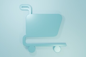 Obraz premium Blue Shopping cart icon isolated on blue background. Online buying concept. Delivery service sign. Supermarket basket symbol. Minimalism concept. 3D render illustration