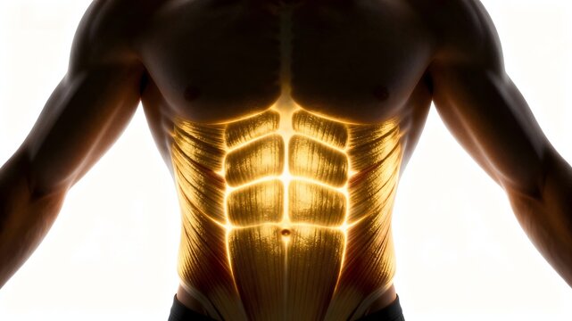 Rectus abdominis visualization showing abdominal muscle for core strength and posture education.