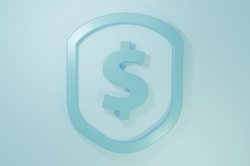 Obraz premium Blue Shield with dollar symbol icon isolated on blue background. Security shield protection. Money security concept. Minimalism concept. 3D render illustration