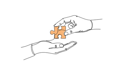 Continuous line drawing of two hands passing a single orange puzzle piece for teamwork and partnership concepts.