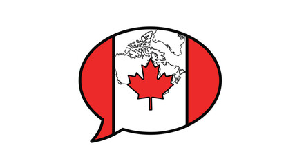 Map of Canada with national flag pattern enclosed within a black outlined speech bubble icon for communication.