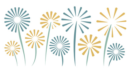 Vibrant dandelion flowers in yellow and blue on white background