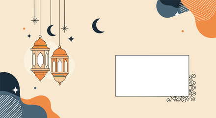 Ramadan Kareem background with hanging traditional lanterns, crescent moon, and stars on a beige background.