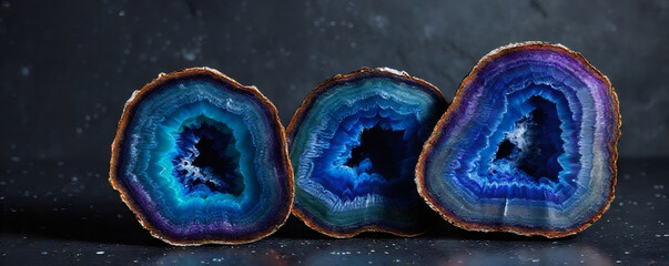 Beautiful blue and purple agate stone slices showcasing intricate patterns and textures in exquisite detail for commercial use