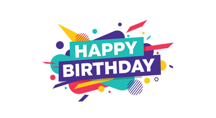 Happy Birthday greeting in a colorful geometric design with confetti, triangles, and circles for festive cards.