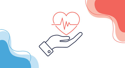 Healthcare and wellness concept showing a human hand supporting a heart with an ekg heart rate line pulse symbol icon.