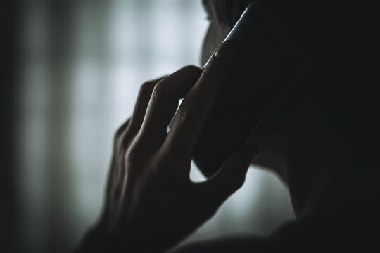 Moody low-key photo of an anonymous woman talking on a phone near a window. Concept of confidential communication, helpline support, reporting, counseling, privacy, and sensitive conversation. 