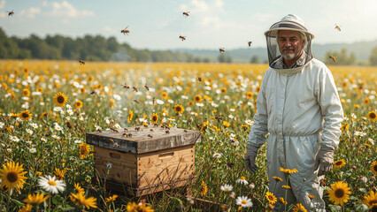 Beekeeper in White Suit Working with Beehive, Flower Field with Flying Bees