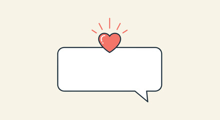 Communication concept featuring a red heart icon shining above a clean white rectangular speech bubble outline icon.