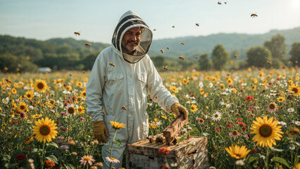 Beekeeper in White Suit Working with Beehive, Flower Field with Flying Bees