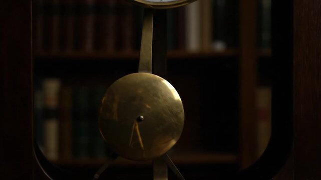 A close-up shot of a brass pendulum clock's face against a blurred background of bookshelves with a calm and cinematic ambiance.