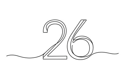 Elegant continuous line drawing of the number twenty six creating a simple and fluid artistic numeric symbol graphic.