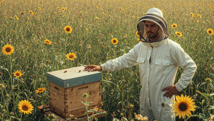 Beekeeper in White Suit Working with Beehive, Flower Field with Flying Bees