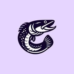 Stylized jumping snakehead fish illustration in bold monochrome vector style, dynamic aquatic animal design on soft background