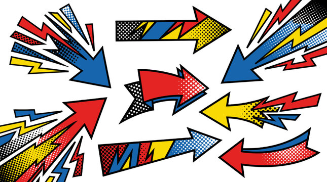 Icon Retro Pop Art Style Arrows Pointing in Various Directions with Lightning Bolt Accents