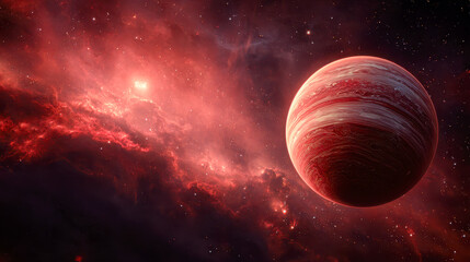 Stunning red gas giant planet with swirling storm patterns floating near vibrant red nebula in deep space full of distant stars and cosmic dust particles