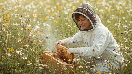 Beekeeper in White Suit Working with Beehive, Flower Field with Flying Bees