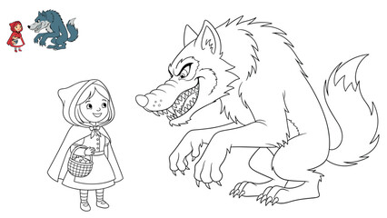 Fototapeta premium Coloring page illustration of Little Red Riding Hood with a basket facing the Big Bad Wolf with a colored reference image in the corner.