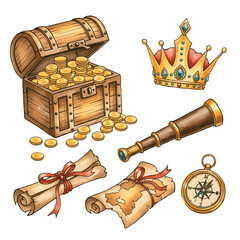 Vintage wooden pirate treasure chest filled with gold and antique tools © bluu