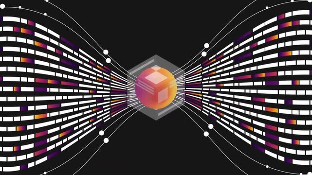 Abstract data flow tunnel with glowing cube, big data processing and information transfer concept, futuristic 2D animation