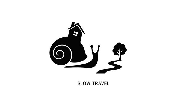 Logo of a black snail silhouette with a tiny tree and the words Slow Travel conveying mindful, leisurely journeys.