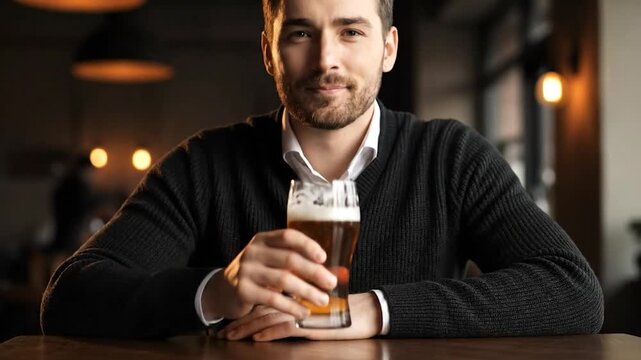 A man sips amber liquid from a glass, set in a dimly lit bar or restaurant, enjoying a drink