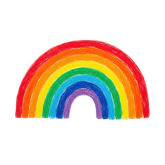 Fototapeta premium ultra-realistic, macro photograph of a vibrant, simple hand-drawn rainbow, rendered in thick wax crayons, isolated on a clean transparent background, concept of childhood creativity