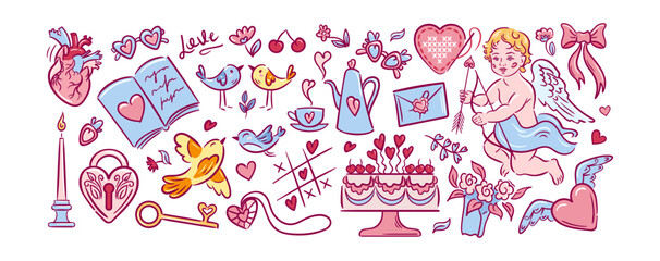 Fototapeta premium A charming vintage line art scene for Valentine s Day. Cupid, a castle, birds, and hearts mingle with cake, a teapot, and a playful bow.