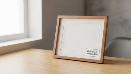 Empty wooden picture frame on desk with inspirational quote