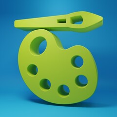 Fototapeta premium Green Paint brush with palette icon isolated on blue background. Minimalism concept. 3D render illustration