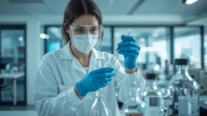 Biochemical Lab Technician Analyzing Samples, Scientist Working in Modern Laboratory Background