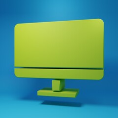 Green Computer monitor screen icon isolated on blue background. Electronic device. Front view. Minimalism concept. 3D render illustration