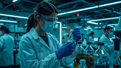 Biochemical Lab Technician Analyzing Samples, Scientist Working in Modern Laboratory Background