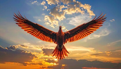 Eagle Flying High in Sunset Sky.