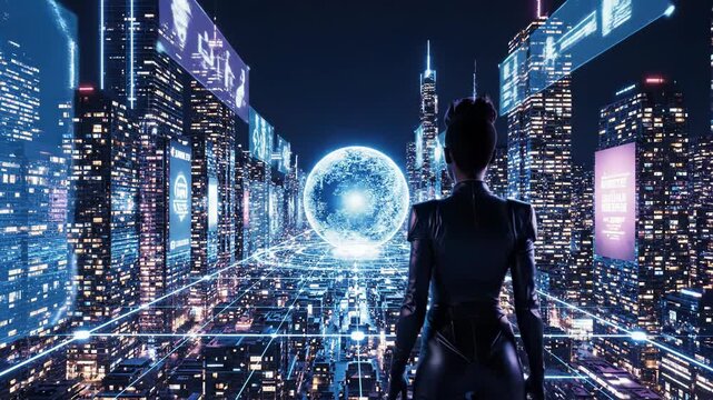 A futuristic cityscape at night with a woman in a sleek outfit looking out over the neonlit skyscrapers and digital projections