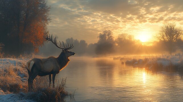 Majestic Elk Standing by River at Sunrise with Frosty Banks deer male deer photo