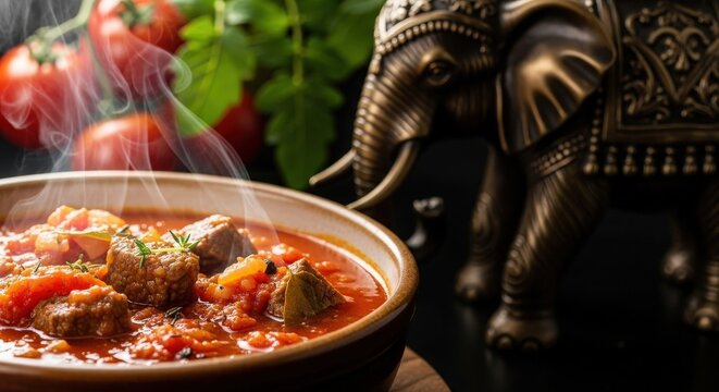 Rich Steaming Ivorian Sauce de Tomate Beef Stew in Bowl with Bronze Elephant and Right Negative Space