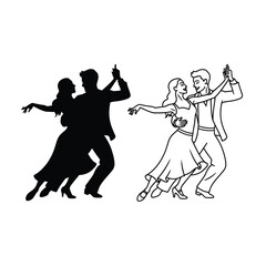 A black and white illustration depicts a dancing couple in both silhouette and detailed line art styles